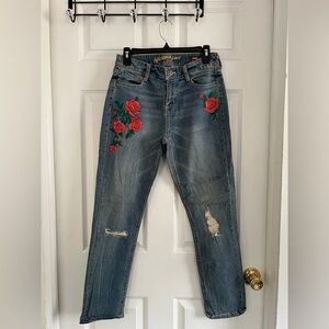 Arizona Jean Company Blue Boyfriend Jeans with Red Floral Embroidery